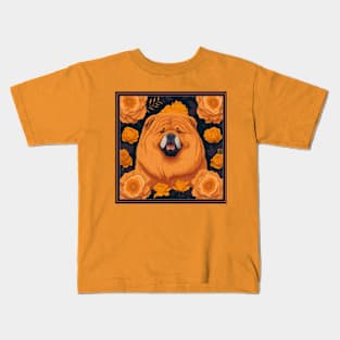 Dogs, chow chow and flowers, dog, seamless print, style vector (yellow version chow-chow) Kids T-Shirt